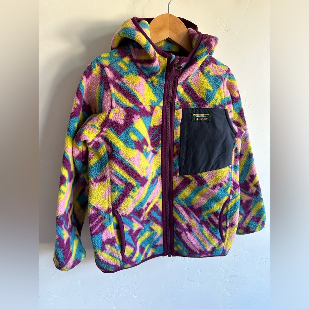 5-6Y LL Bean Fleece Hooded Zip Up Jacket Girls Colorful Pattern Kids Fun Sweater